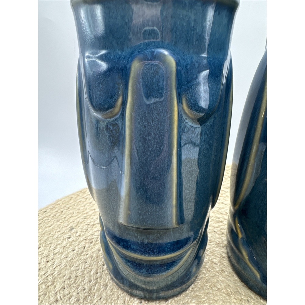 Libbey Tiki Mugs Moai Easter Island Face Blue 7" Vtg Cups Cocktail Barware Set 2 - Picture 2 of 7